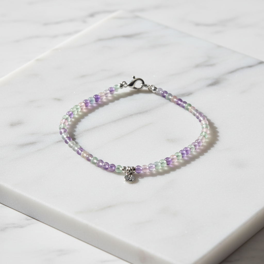 Rainbow Fluorite Dainty Bracelet Ultra-Fine 2mm Pastel Crystal on white marble