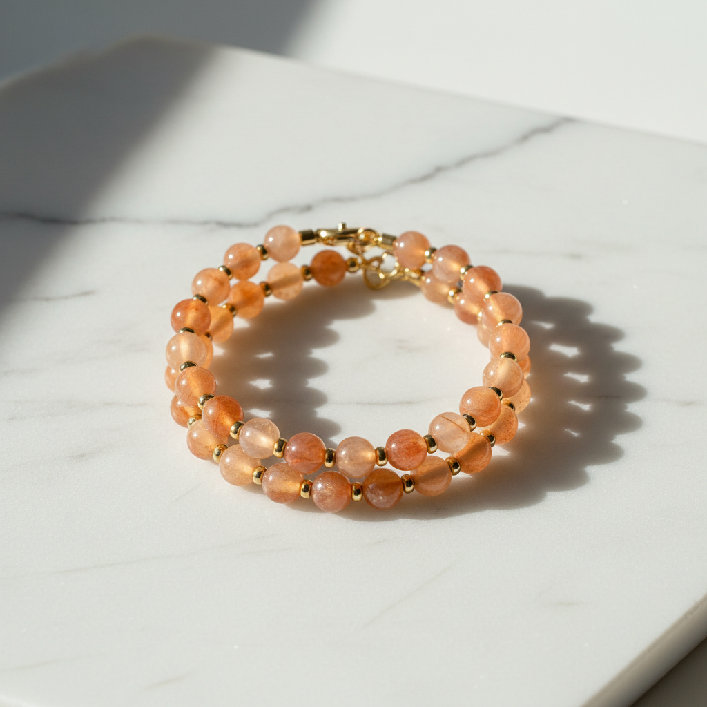 Natural Sunstone Crystal Bracelet 14K Gold-Filled on white marble
