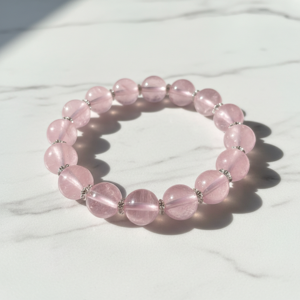 Madagascar Rose Quartz Bracelet Premium 11mm Crystal Love on white marble