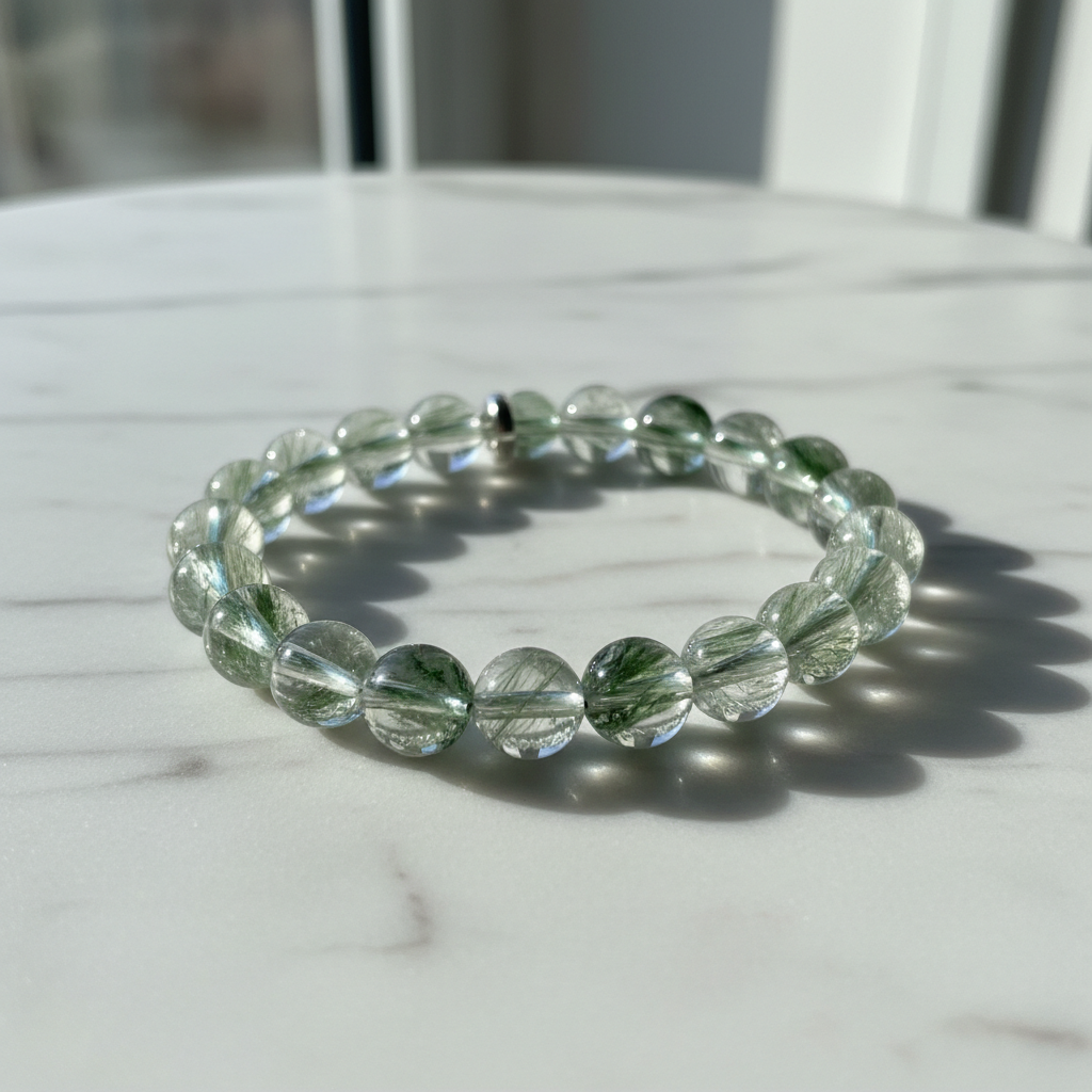 Green Phantom Quartz Crystal Bracelet Large 10mm Clear Healing Beads on white marble