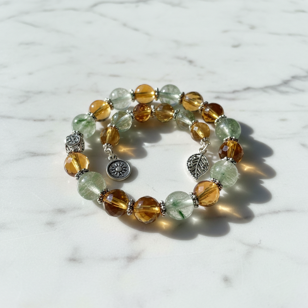 Citrine & Green Phantom Crystal Bracelet with Silver Wealth Charm on white marble